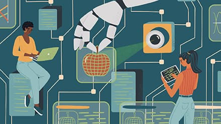 An illustration of two women in IT, one using a laptop and the other a tablet, surrounded by a motherboard and two robot hands.