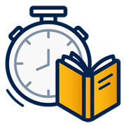 A decorative dark blue and yellow icon of a stopwatch and an open book.