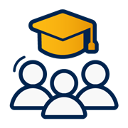 A decorative dark blue and yellow icon of a group of people with a graduation cap above them.