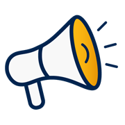 A decorative dark blue and yellow icon of a megaphone.