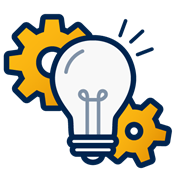 A decorative dark blue and yellow icon of a lightbulb with gears behind it.