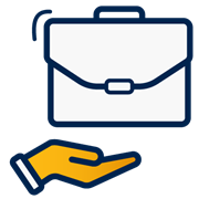 A decorative dark blue and yellow icon of a briefcase being held up by a hand.
