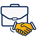 A decorative dark blue and yellow icon of a briefcase with two hands shaking in front of it.