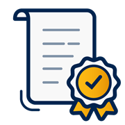 A decorative dark blue and yellow icon of a certificate with a ribbon in it.