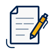 A decorative dark blue and yellow icon of a pen writing on paper.