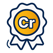 A decorative dark blue and yellow icon of a ribbon with the letters Cr on it.