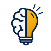 A decorative dark blue and yellow icon of a lightbulb that is half glass, half brain.