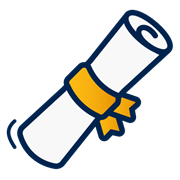 A decorative dark blue and yellow icon of a rolled-up degree secured by a ribbon.