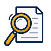 A decorative dark blue and yellow icon of a magnifying glass looking at a piece of paper.