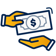 A decorative dark blue and yellow icon of a hand passing a piece of money to another hand.