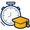 A decorative dark blue and yellow icon of a stopwatch with a graduation cap in front of it.