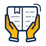 A decorative dark blue and yellow icon of two hands holding an open book.