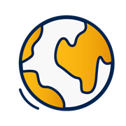 A decorative dark blue and yellow icon of the Earth.