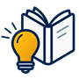 A decorative dark blue and yellow icon of a book with a lightbulb in front of it.