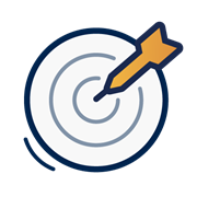 A decorative dark blue and yellow icon of a dart hitting a target.