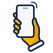 A decorative dark blue and yellow icon of a hand holding a mobile phone.