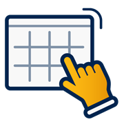 A decorative dark blue and yellow icon of a calendar with a hand pointing at it.