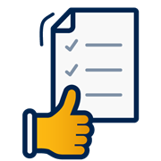 A decorative dark blue and yellow icon of a piece of paper with a thumbs up.