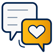 A decorative dark blue and yellow icon of two speech bubbles.