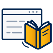 A decorative dark blue and yellow icon of a browser window and an open book in front of it.