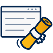 A decorative dark blue and yellow icon of a browser window and a rolled-up degree in front of it.