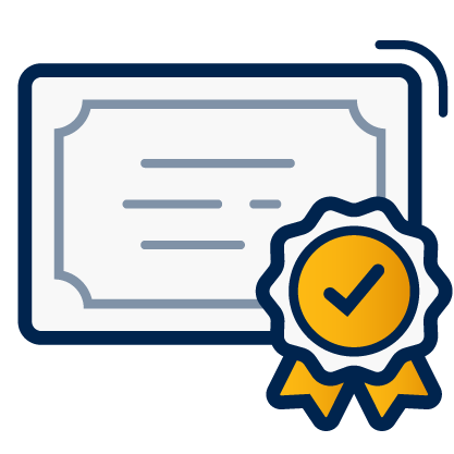 A decorative dark blue and yellow icon of an accreditation certificate with a ribbon on it.