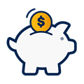 A decorative dark blue and yellow icon of a piggy bank with a coin being put into it.