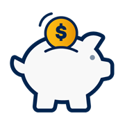 A decorative dark blue and yellow icon of a piggy bank with a coin being put into it.