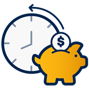A decorative dark blue and yellow icon of a clock with a piggy bank in front of it.