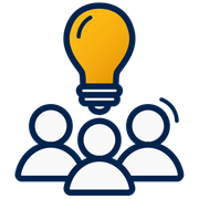 A decorative dark blue and yellow icon of a group of people with a lightbulb above them.