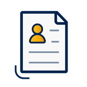 A decorative dark blue and yellow icon of a transcript paper that has an icon of a person on it.