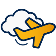 A decorative dark blue and yellow icon of a plane flying in front of a cloud.