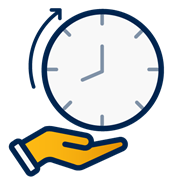 A decorative dark blue and yellow icon of a hand holding up a clock.