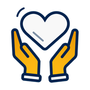 A decorative dark blue and yellow icon of a heart in hands to represent caring and being mission driven.