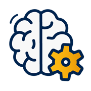 A decorative dark blue and yellow icon of a brain with a gear to represent psychology.
