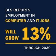 Infographic with the text BLS reports employment in computer and IT jobs will grow 13% through 2030