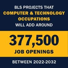 Infographic with the text BLS projects that computer and technology occupations will add around 377,500 job openings between 2022-2032.