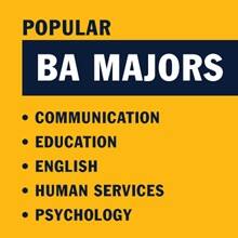 Yellow infographic with the text Popular BA Majors:  Communication, Education, English, Human Services, Psychology