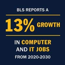 A blue infographic piece with the text BLS reports a 13% growth in computer and IT jobs from 2020-2030