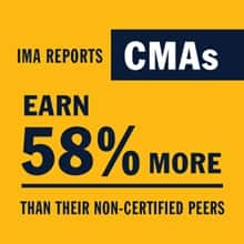 A yellow infographic with the text IMA reports CMAs earn 58% than their non-certified peers