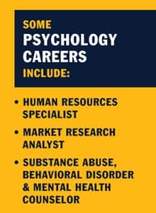 Infographic with the text Some psychology careers include:  Human Resources Specialist Market Research Analyst Substance Abuse, Behavioral Disorder & Mental Health Counselor