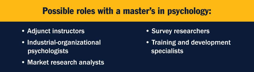 Infographic with the text Possible roles with a master’s in psychology: - Adjunct instructors  - Industrial-organizational psychologists - Market research analysts - Survey researchers - Training and development specialists
