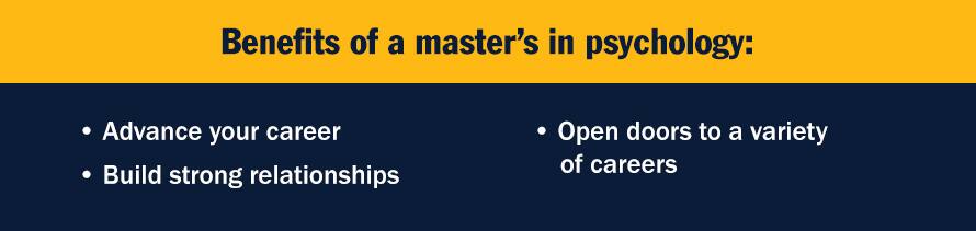 Infographic with the text Benefits of a master’s in psychology: - Advance your career - Build strong relationships - Open doors to a variety of careers