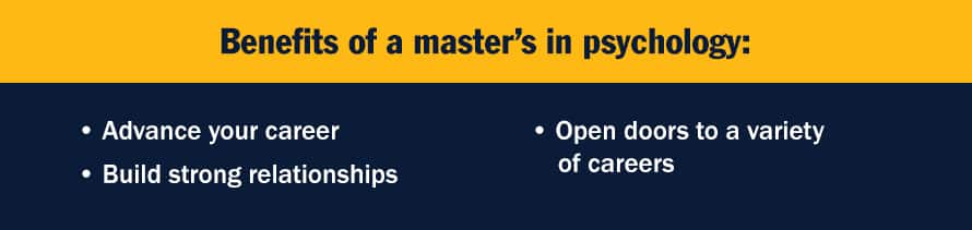 Infographic with the text Benefits of a master’s in psychology: - Advance your career - Build strong relationships - Open doors to a variety of careers
