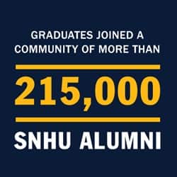 A blue infographic piece with the text Graduates joined a community of more than 215,000 SNHU alumni