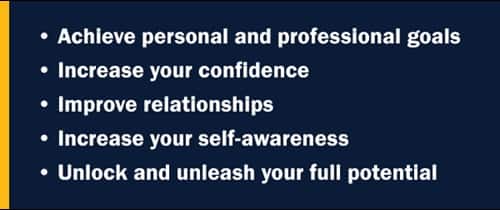Infographic with text Achieve personal and professional goals Increase your confidence  Improve relationships  Increase your self-awareness  Unlock and unleash your full potential 
