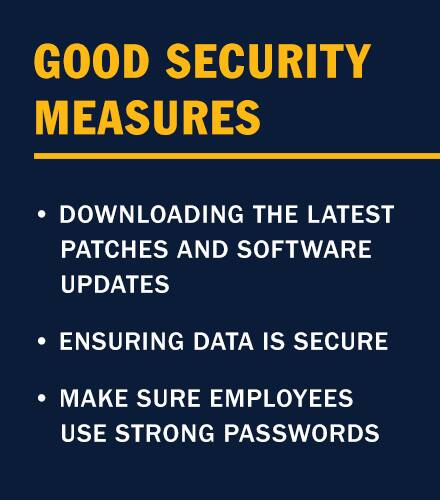 infografika z tekstem dobre środki bezpieczeństwa: pobieranie najnowszych łatek i aktualizacji oprogramowania, zapewnienie bezpieczeństwa danych, upewnienie się, że pracownicy używają silnych haseł