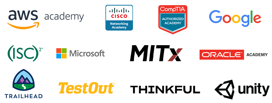 Certification Logos from: AWS Academy, Cisco Networking Academy, CompTIA Authorized Academy, Google, ISC2, Microsoft, MITX, Oracle Academy, Trailhead, Testout, Thinkful, Unity