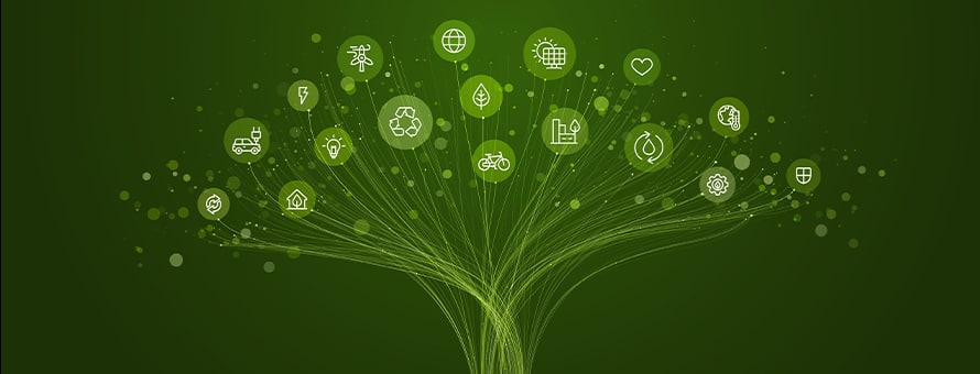 A network of connections and icons forming a tree to represent the environmental impact of artificial intelligence.