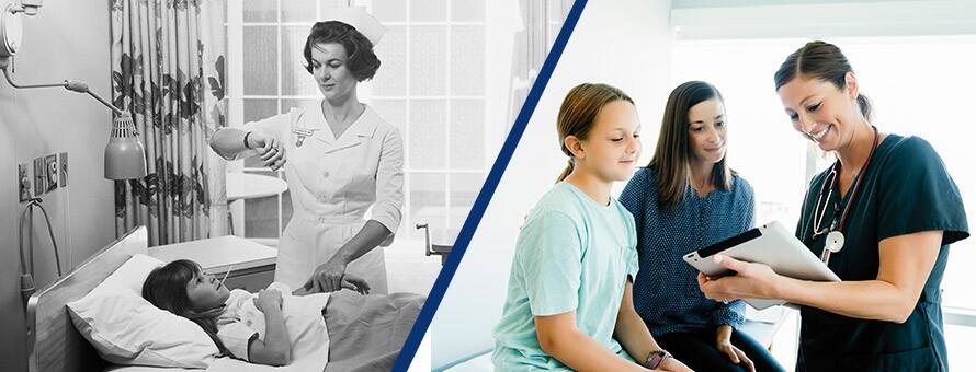 Split image of a black and white photo of a nurse helping a sick patient laying in a bed on one side and a colored image of a nurse speaking to a child patient and her mother on the other. 
